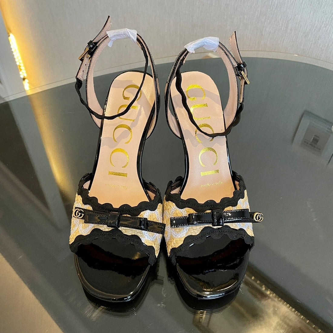 GG Kertu Heel Sandals 8CM Beige Black Raffia Leather 695685