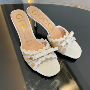 GG Kertu Sandals 6CM Beige White Raffia Leather 695690