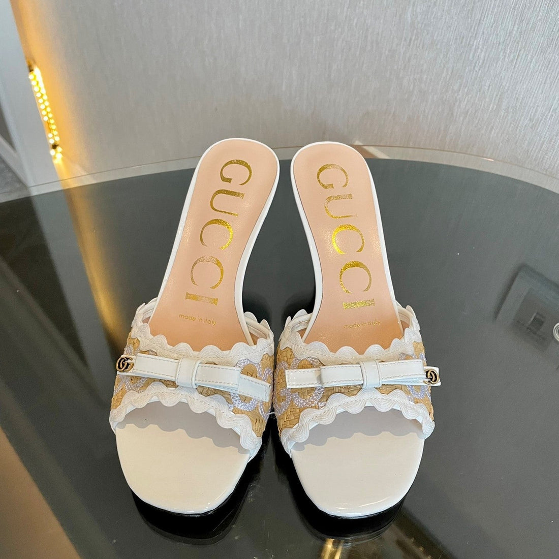 GG Kertu Sandals 6CM Beige White Raffia Leather 695690