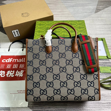 GG Large 37 Tote Bag In Grey Canvas And Brown Calfskin