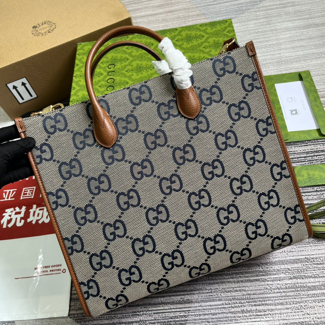 GG Large 37 Tote Bag In Grey Canvas And Brown Calfskin