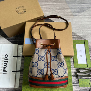 GG Ophidia Small 26 Bucket Bag In Beige Canvas And Brown Calfskin