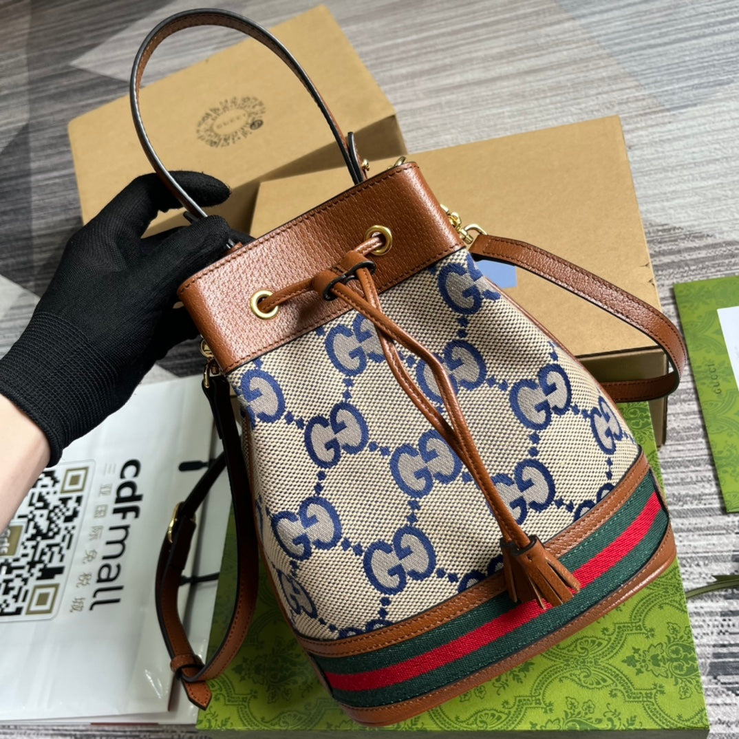 GG Ophidia Small 26 Bucket Bag In Beige Canvas And Brown Calfskin
