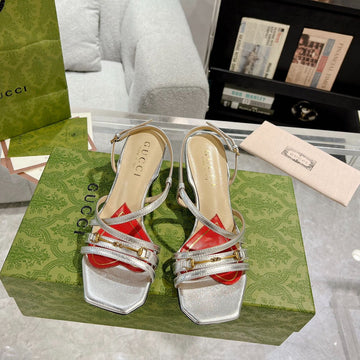 GG Classic Strappy Heel Sandal Silver Calfskin