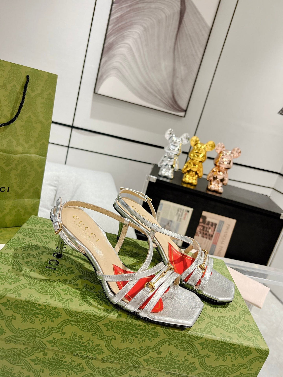 GG Classic Strappy Heel Sandal Silver Calfskin