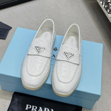 Pra Ostrich Pattern Loafers White Calfskin