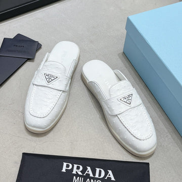 Pra Ostrich Pattern Mules White Calfskin
