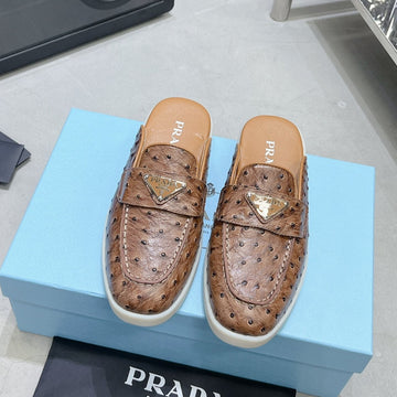 Pra Ostrich Pattern Mules Caramel Calfskin