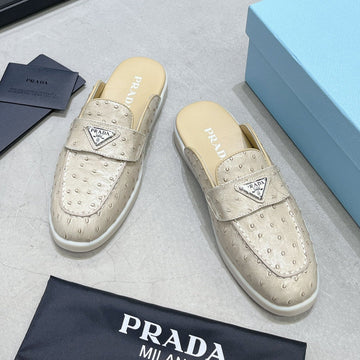 Pra Ostrich Pattern Mules Creamy White Calfskin