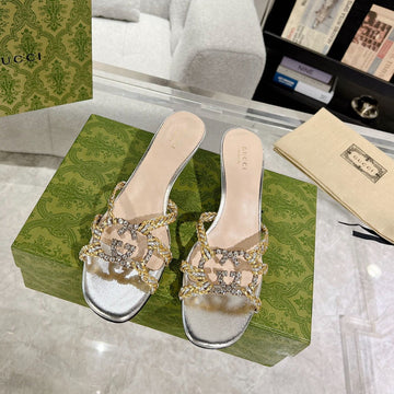 GG Crystal Mid -- Heel Silver Calfskin