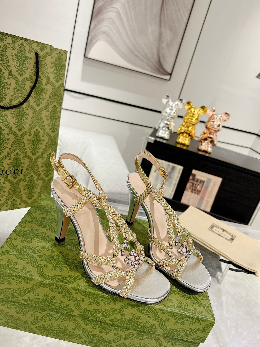 GG Crystal High Heel Sandal Sliver Calfskin Special