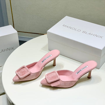 Manolo Mules 7CM Pink Suede Leather Bottom 451188