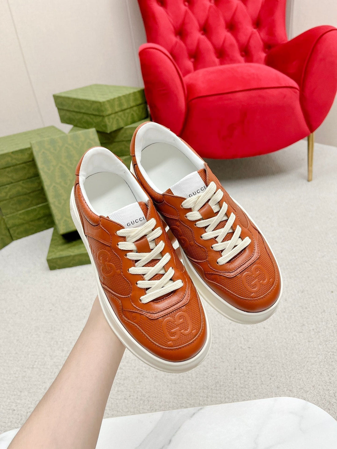 GG Embossed Trainer Caramel Calfskin