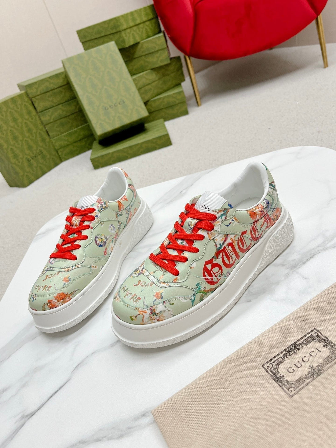 GG Trainer Sage Calfskin With Flowers Pattern