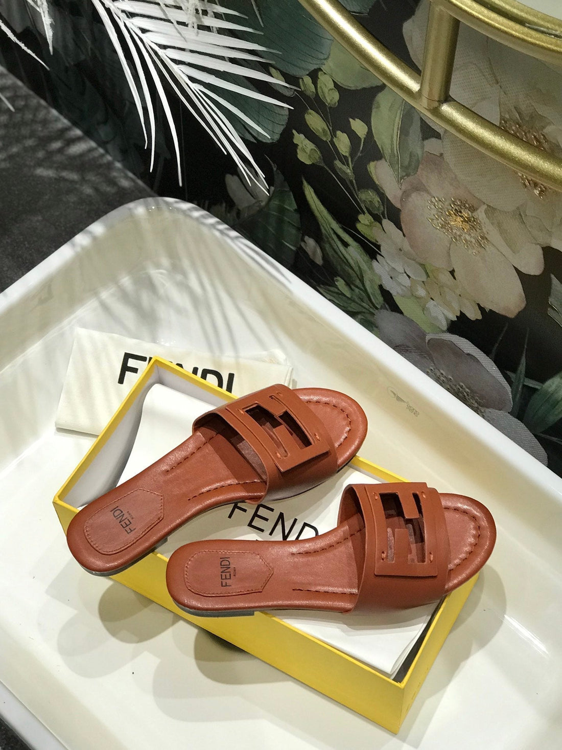Fendi Baguette Slides In Cinnamon Brown Lambskin