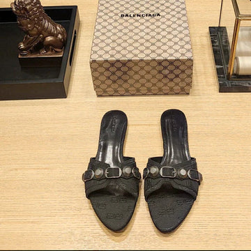 Balenciaga 26S Flat Slippers Black Canvas Leather 681306