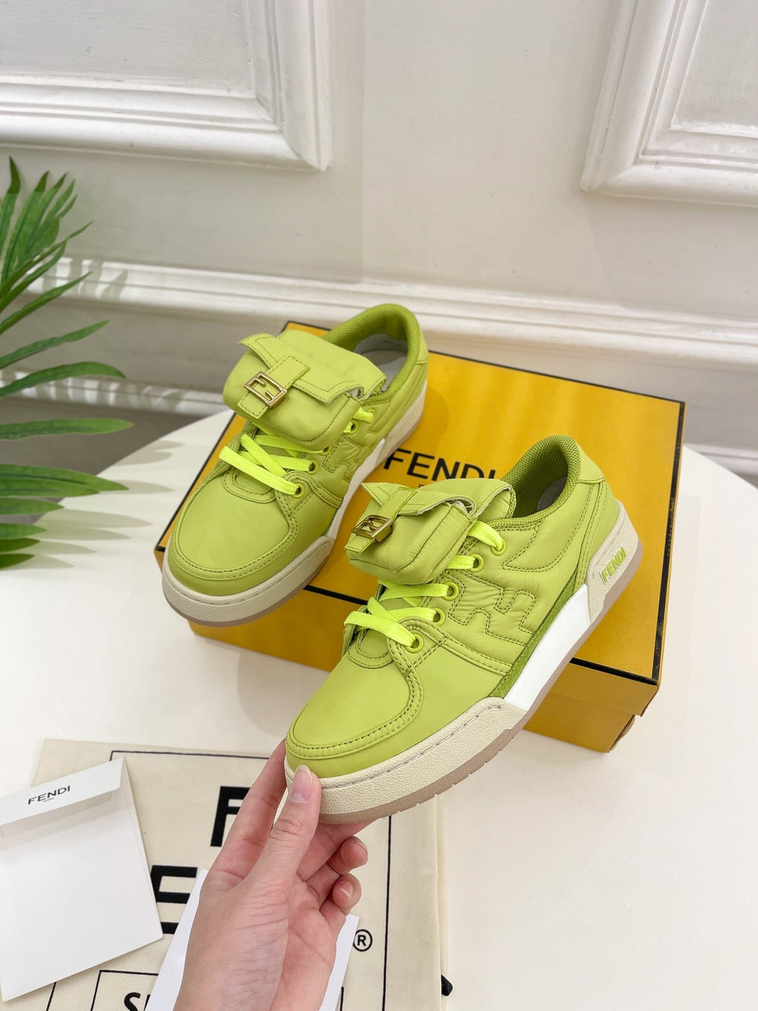 Fendi Trainer Sneaker In Yellowish Green Lambskin