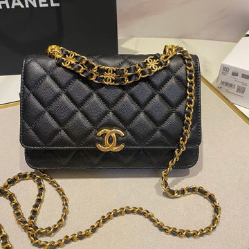 CC 24K Woc 19CM Black Grained Calfskin Gold Hardware