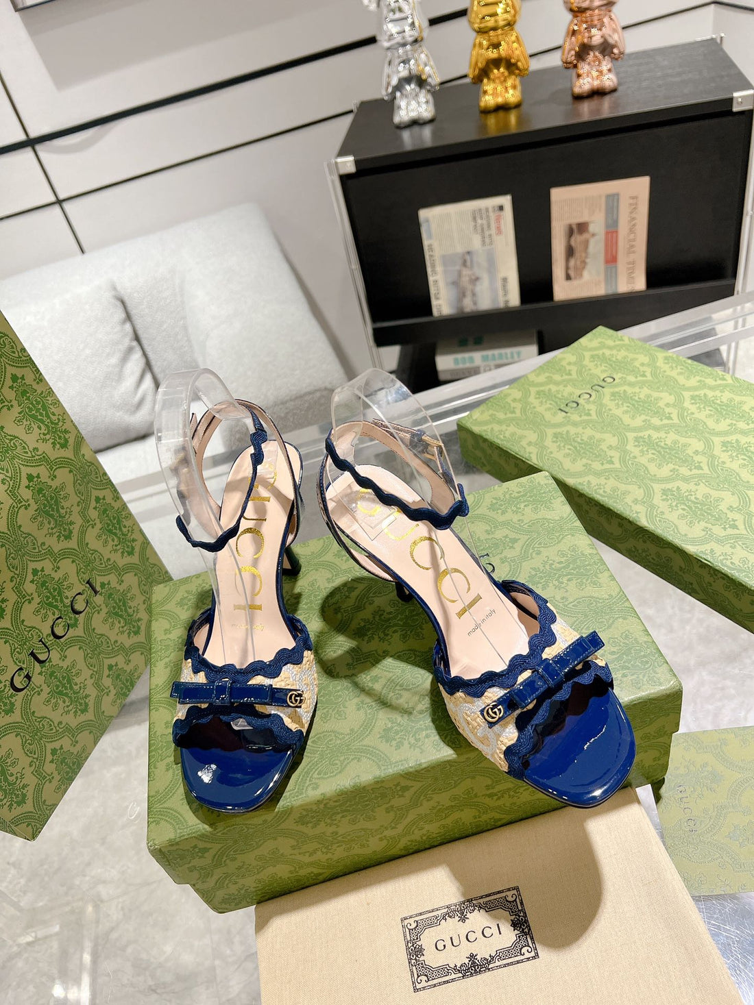 GG High -- Heel Sandal Azure Fabric Attach Bow