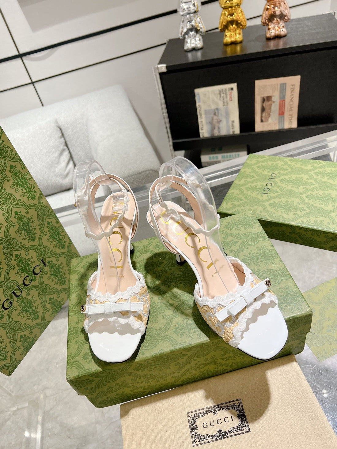 GG High -- Heel Sandal White Fabric Attach Bow