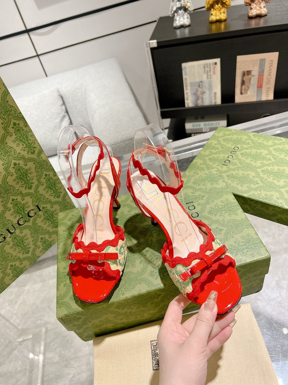 GG High -- Heel Sandal Crimson Fabric Attach Bow