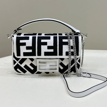 Fendi 19 Baguette Bag In Black Mix White Canvas With Gold Hardware