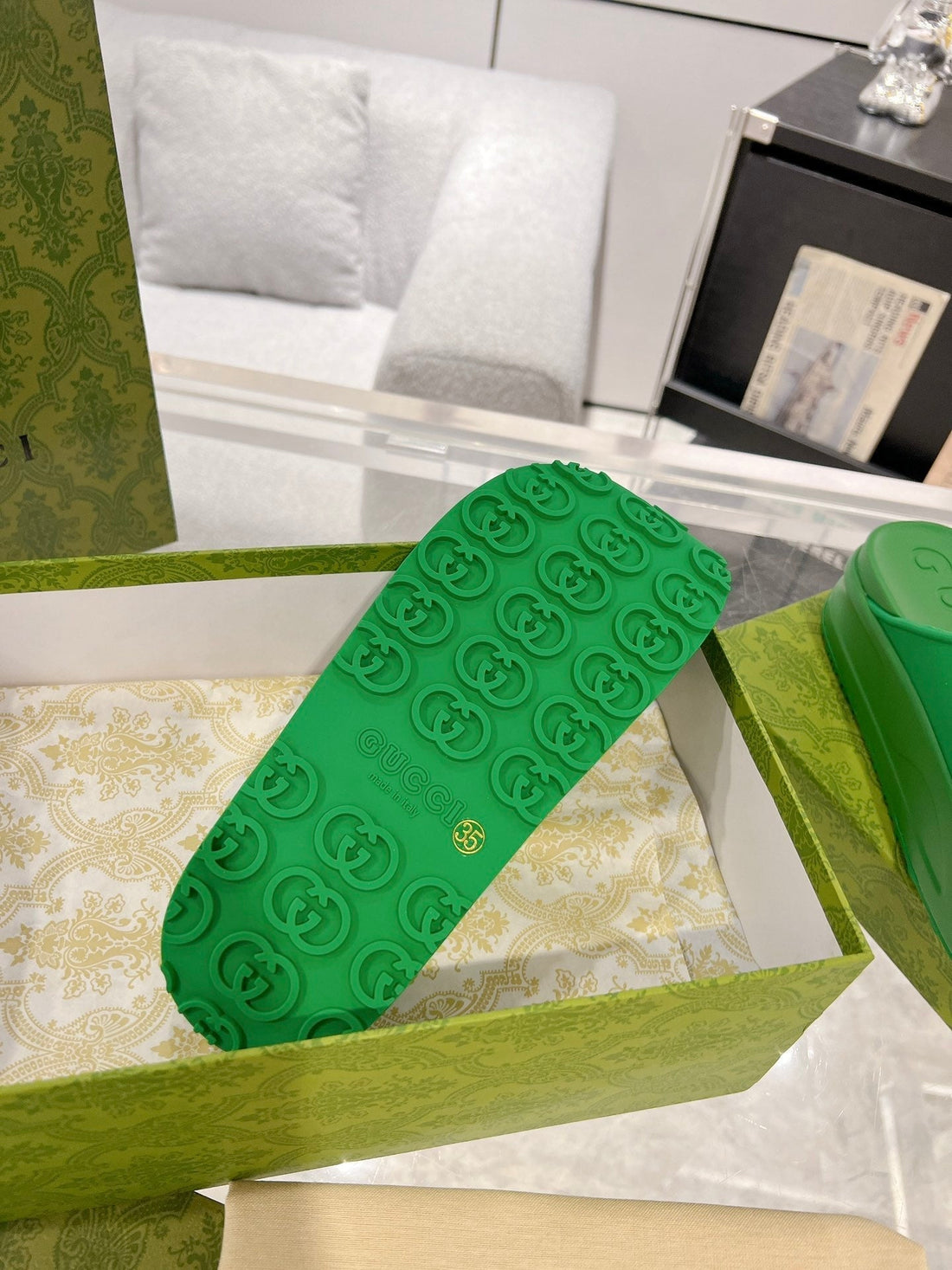 Gc 25 Interlocking G 50MM Slide Sandal Green Cowhide 292382
