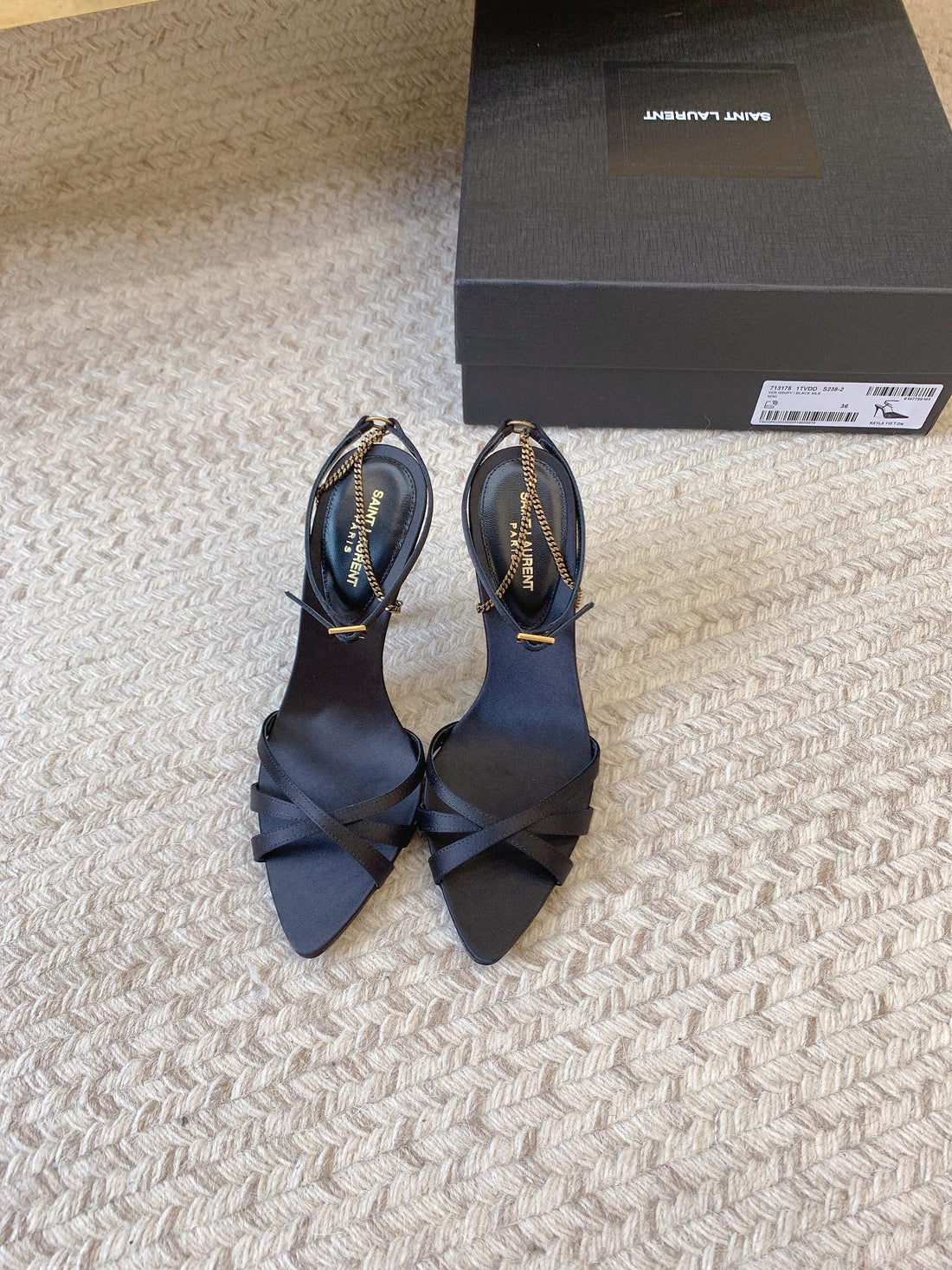 Cross Strap High Heel In Black Silk Gold Chain