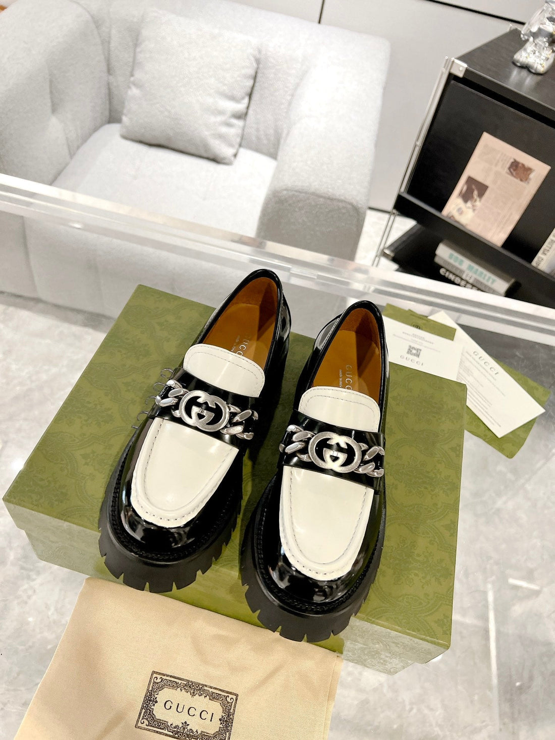 GG Loafer With GG Chains Glossy Black And White Calfskin
