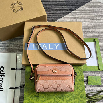 Ophidia GG Mini 17 Bag In Light Pink Canvas And Calfkskin