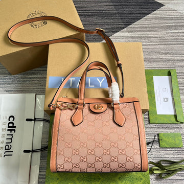 GG Ophidia Small 24 Tote Bag In Blush Pink Canvas And Calfskin