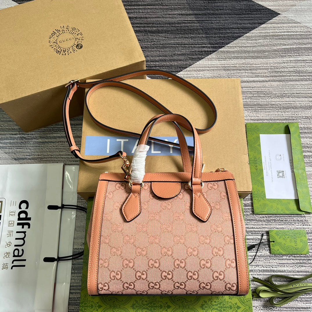 GG Ophidia Small 24 Tote Bag In Blush Pink Canvas And Calfskin