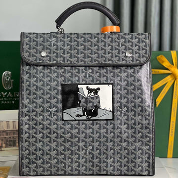 Saint Léger Backpack 35 In Black Goyardine Canvas And Calfskin With Cartoon Patch