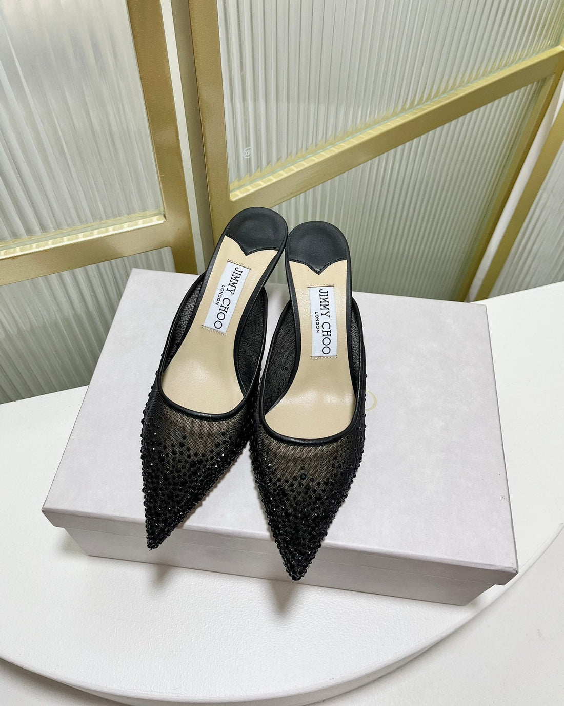Jimmy Mule 65MM In Black Mesh Fabric With Swarovski Crystal 597875