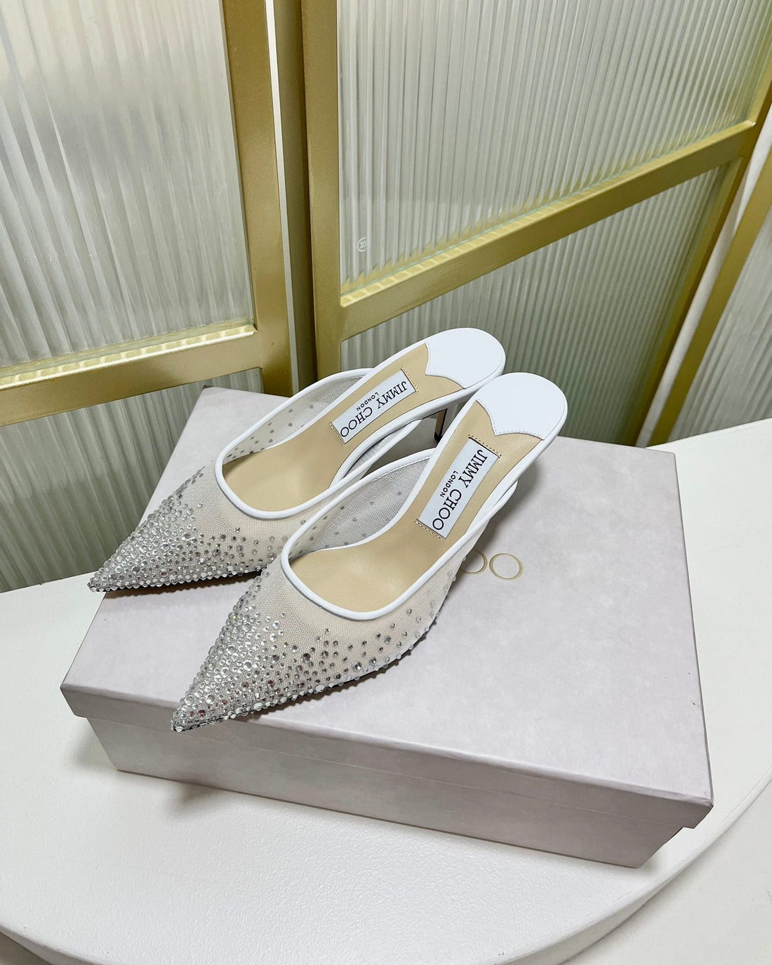 Jimmy Mule 65MM In White Mesh Fabric With Swarovski Crystal 597885