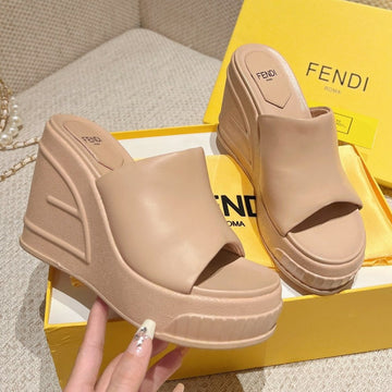 Fendi Baguette Wedge Platform 85MM In Almond Beige Calfskin