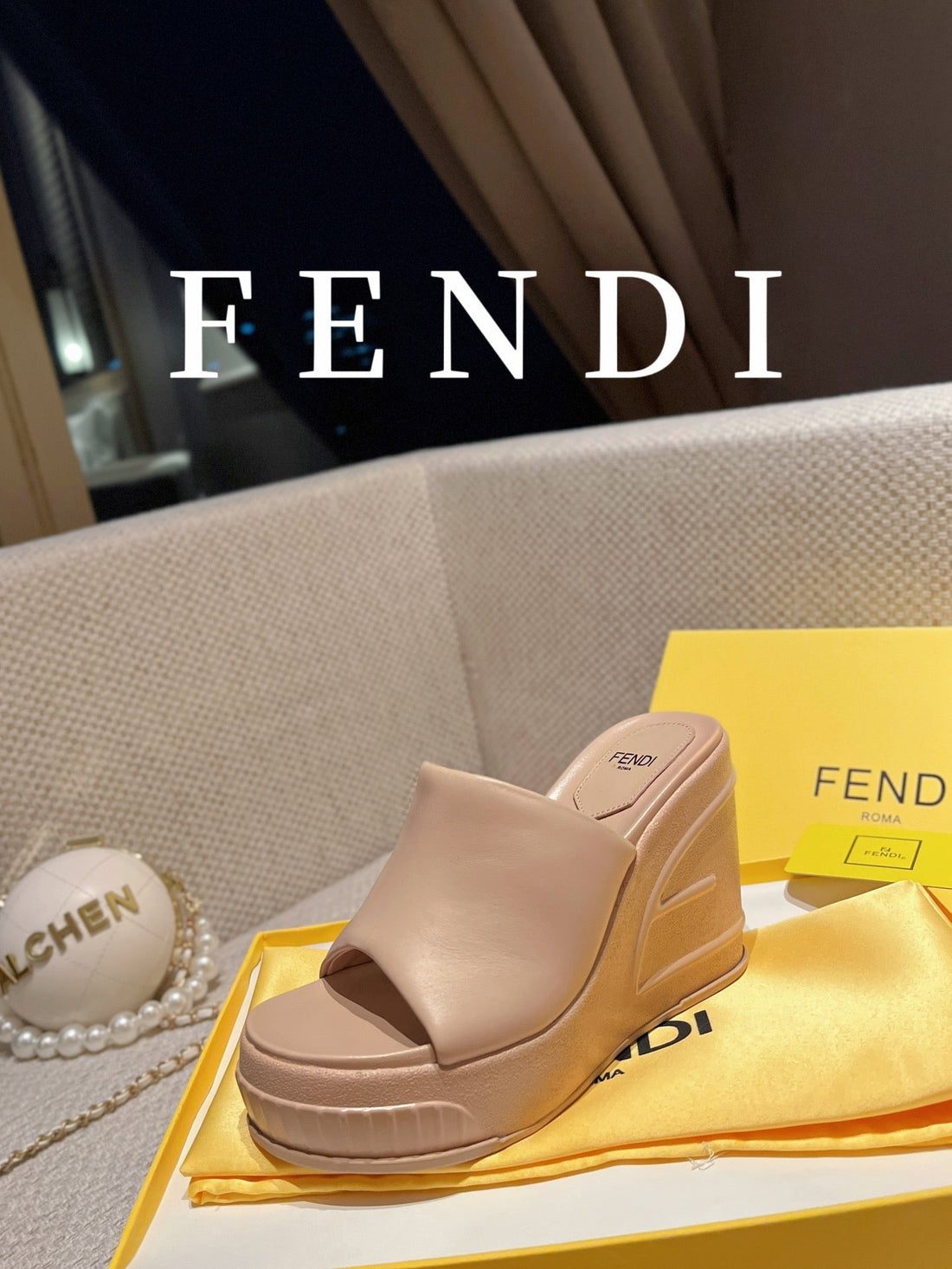 Fendi Baguette Wedge Platform 85MM In Almond Beige Calfskin