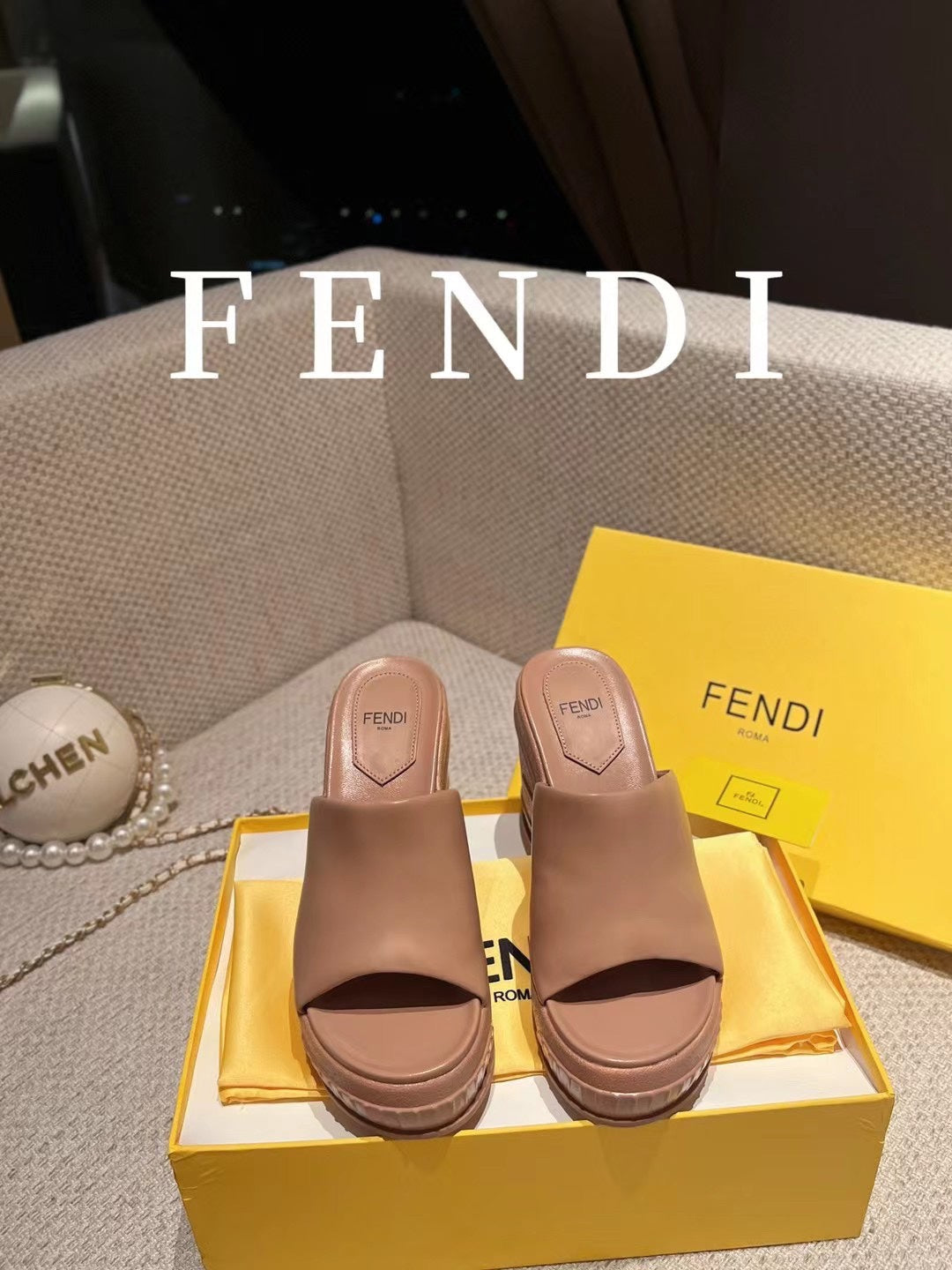 Fendi Baguette Wedge Platform 85MM In Ash Brown Calfskin