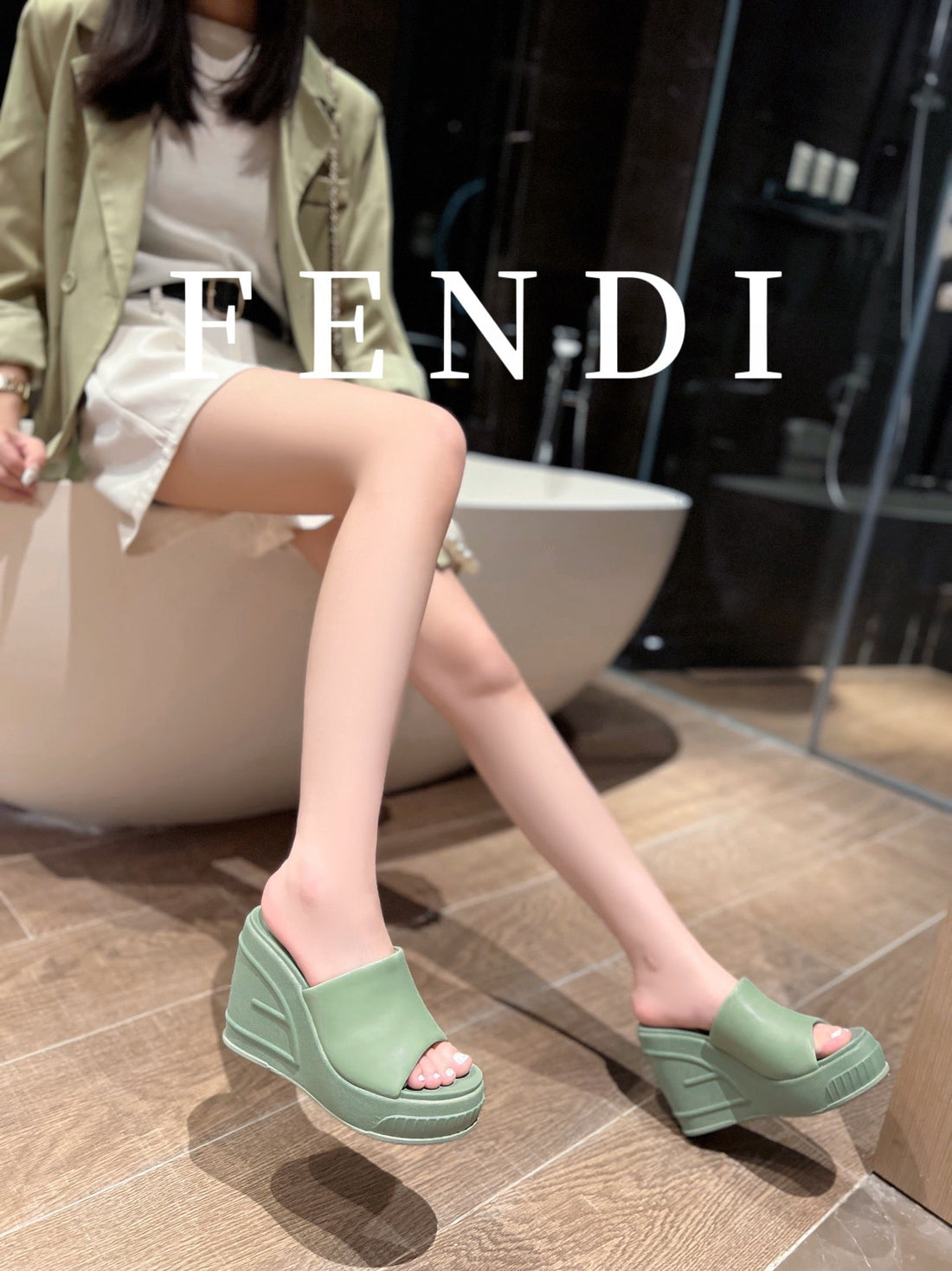 Fendi Baguette Wedge Platform 85MM In Seafoam Green Calfskin