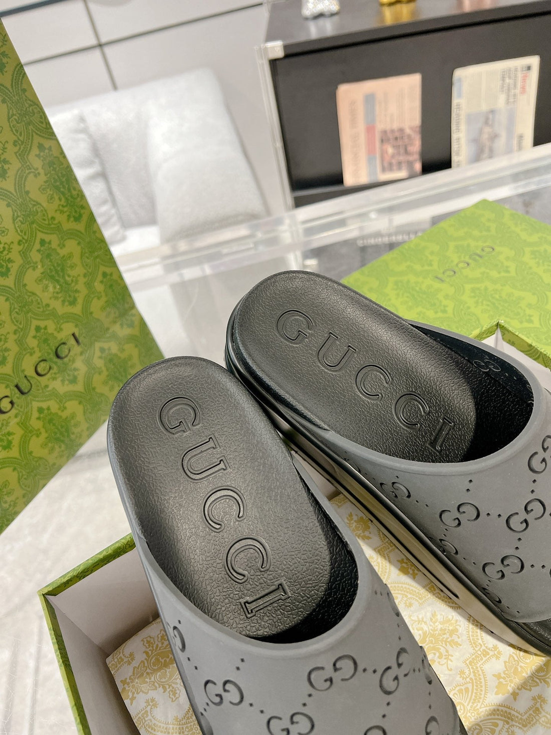 Gc 25 50MM Monogram Slide Sandal Black Cowhide 292394