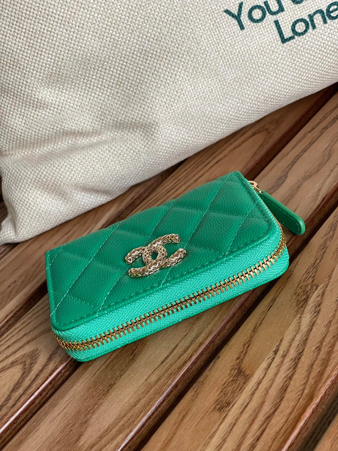 CC Zipped Wallet 11CM Green Caviar Gold Hardware