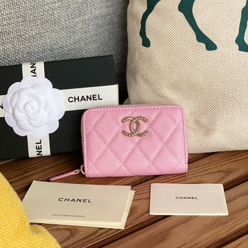 CC Zipped Wallet 11CM Pink Caviar Gold Hardware