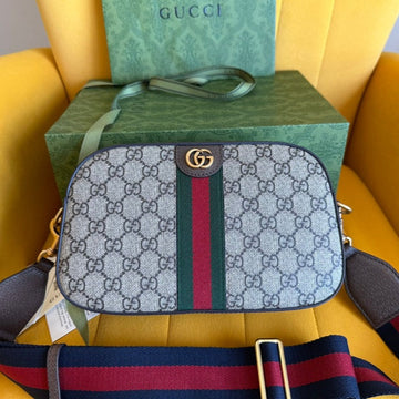 GG Ophidia Small 24 In Beige Canvas And Brown Calfskin