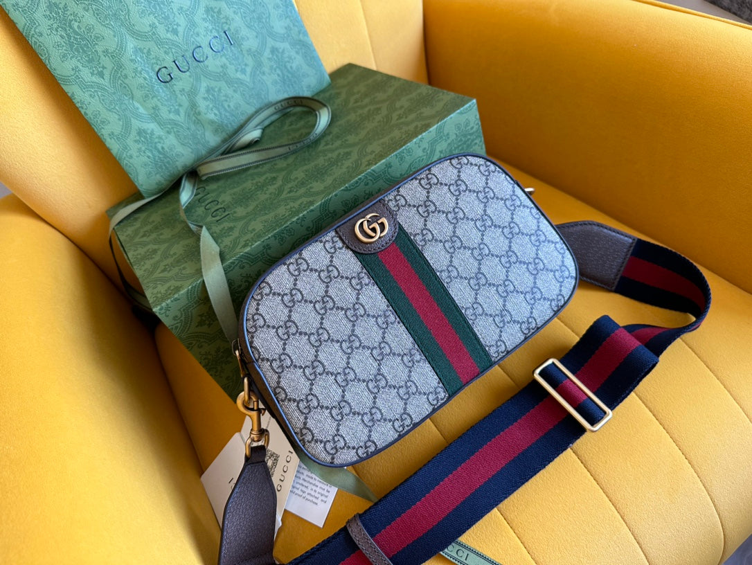 GG Ophidia Small 24 In Beige Canvas And Brown Calfskin