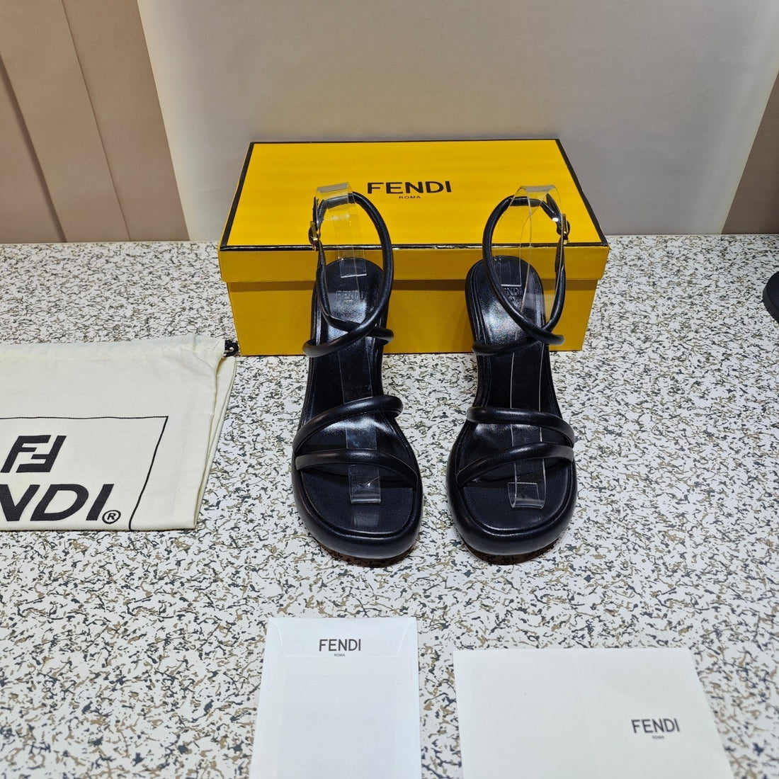 Fendi Chunky High-Heeled Sandal In Black Calfkin With Gold Hardware