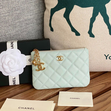 CC Zipped Wallet 14CM Light Cloud Blue Caviar Gold Hardware
