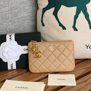 CC Zipped Wallet 14CM Beige Caviar Gold Hardware