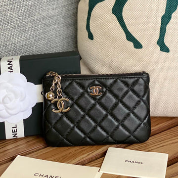 CC Zipped Wallet 14CM Black Lambskin Silver Hardware