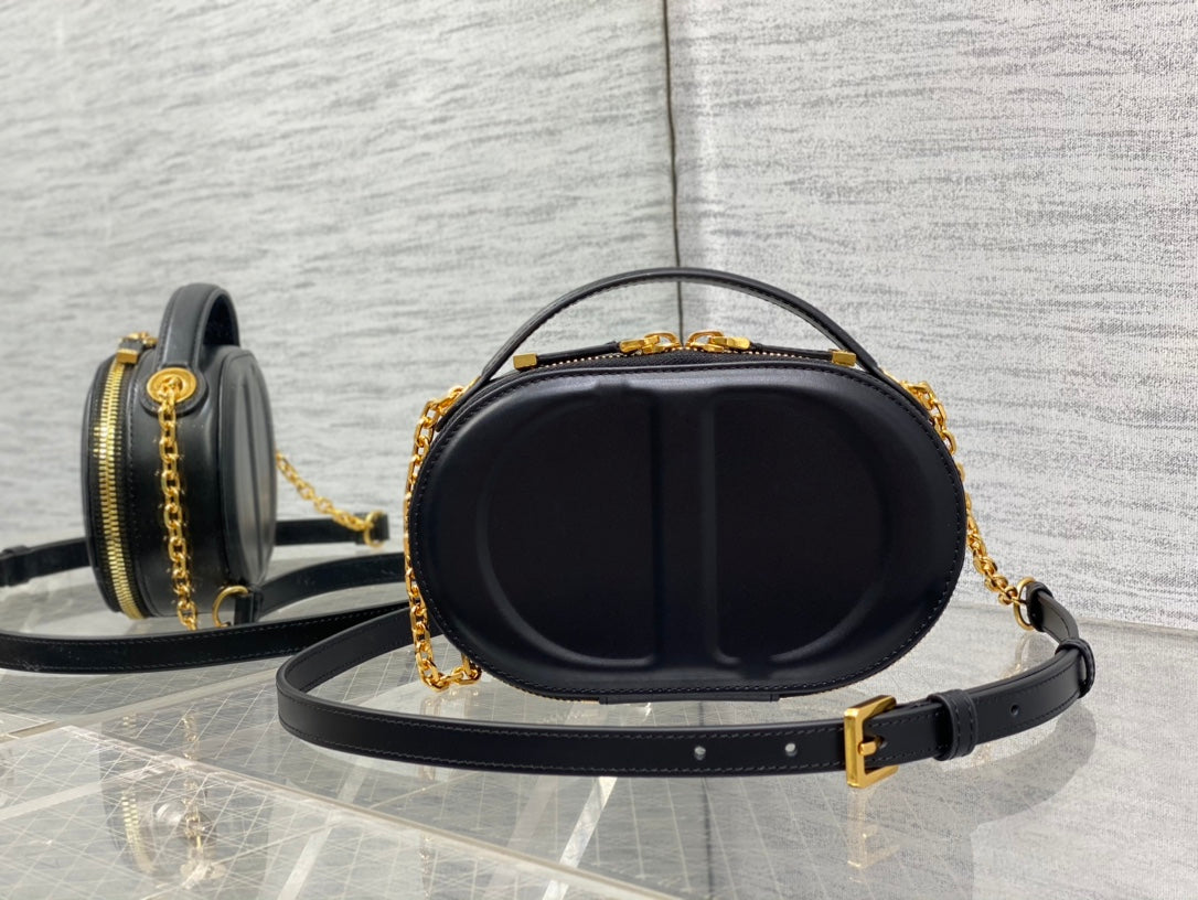 CD Oval Camera Bag 18 Black Cowhide Leather
