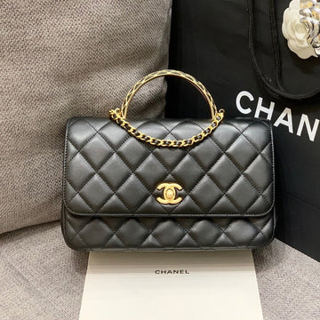 Small Flap Bag 24CM Top Handle Black Lambskin Gold Hardware